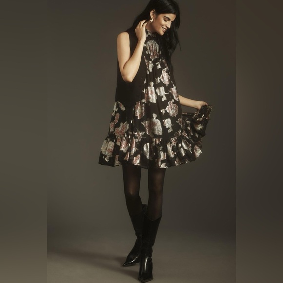 Maeve Dresses & Skirts - MAEVE NWT | Anthropologie Halter Shine Swing Mini Dress Black Gold Silver